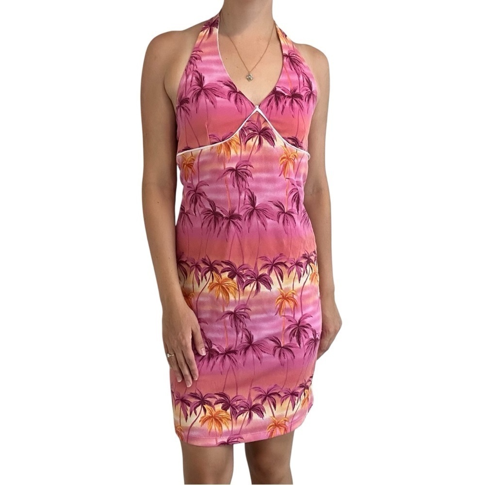 Vintage 2000s Halter Dress Y2K Pink Hawaiian Vacation Tropical Bimbo Size Large